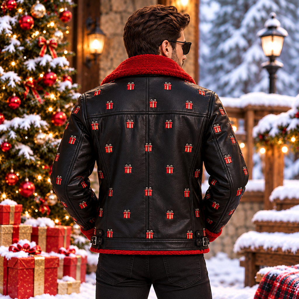 Hollywood Jacket Men's Black Christmas Gift Box Jacket with Red Plush Collar