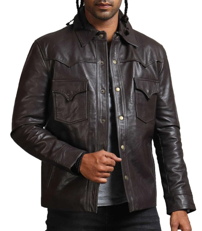 Choco Brown Genuine Leather Jacket with Flap Pockets