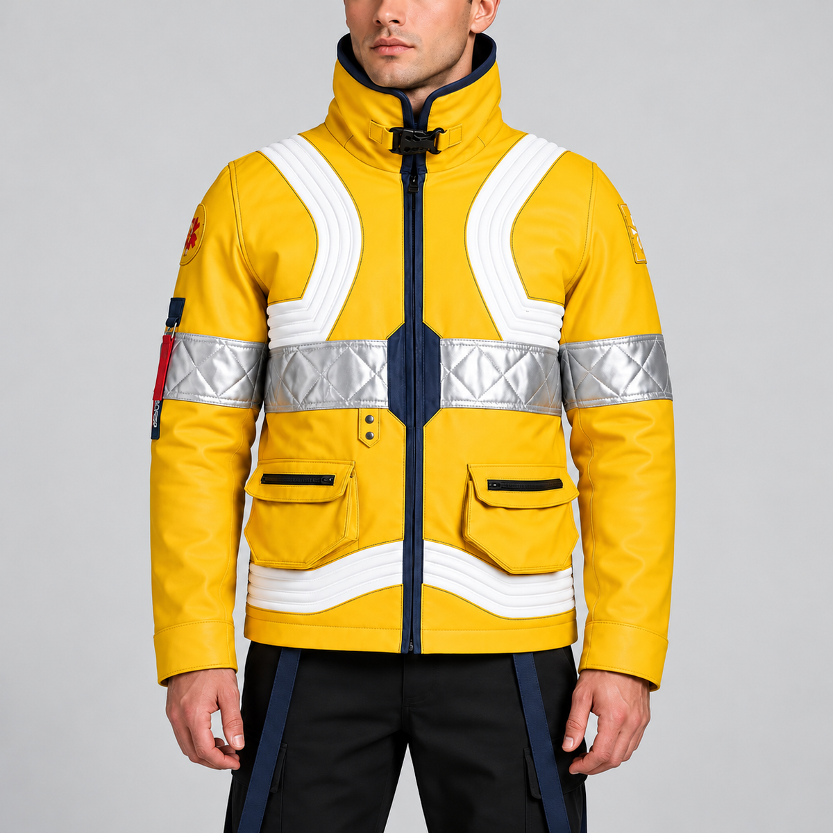 Men’s Yellow Futuristic Rescue Jacket – Reflective Silver Panels & Green Back Graphic | Hollywood Jackets