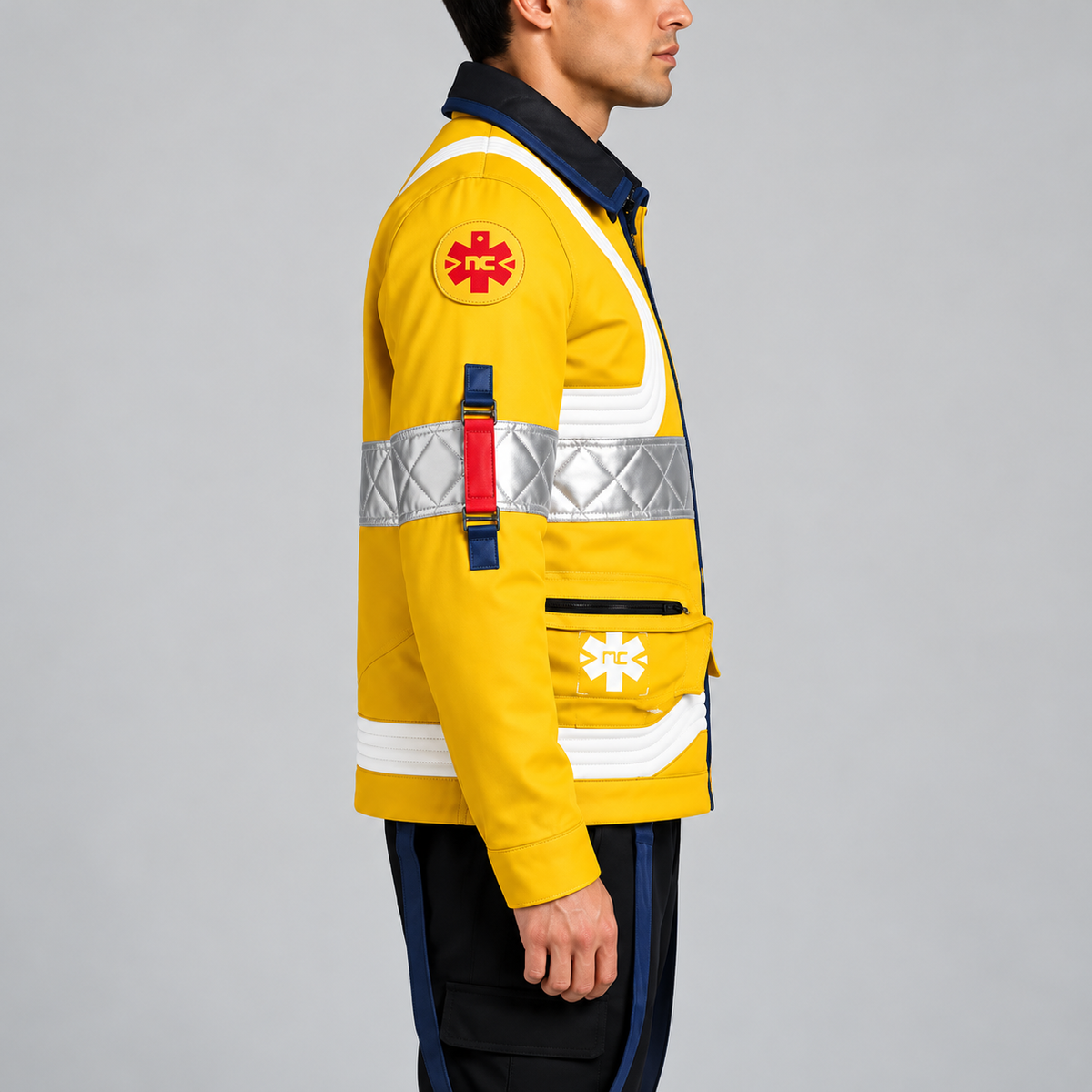 Men’s Yellow Futuristic Rescue Jacket – Reflective Silver Panels & Green Back Graphic | Hollywood Jackets