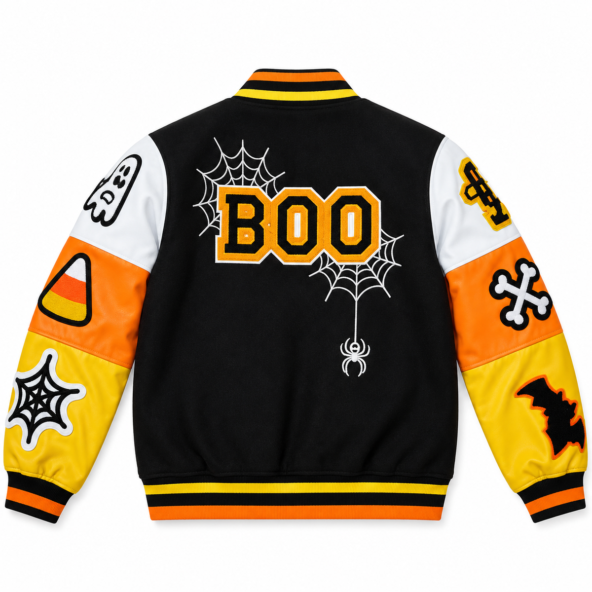 Hollywood Jackets Men’s Halloween Boo Varsity Jacket – Black & Orange Letterman Bomber