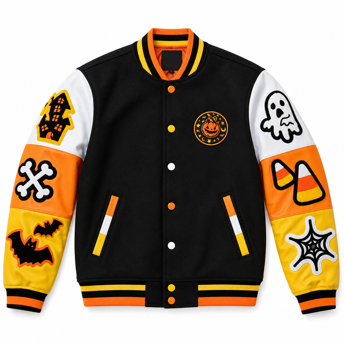 Hollywood Jackets Men’s Halloween Boo Varsity Jacket – Black & Orange Letterman Bomber