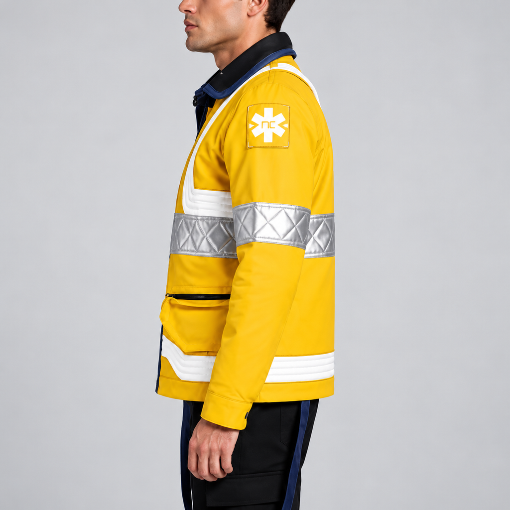 Men’s Yellow Futuristic Rescue Jacket – Reflective Silver Panels & Green Back Graphic | Hollywood Jackets