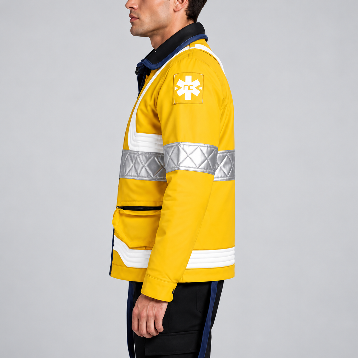 Men’s Yellow Futuristic Rescue Jacket – Reflective Silver Panels & Green Back Graphic | Hollywood Jackets