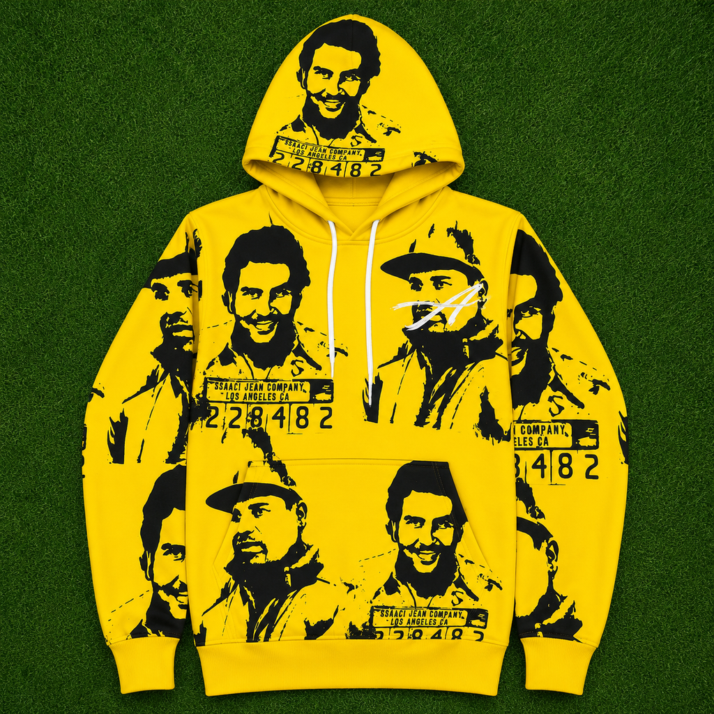Hollywood Jackets Yellow Hoodie with All-Over Black Graphic Print and Kangaroo Pocket