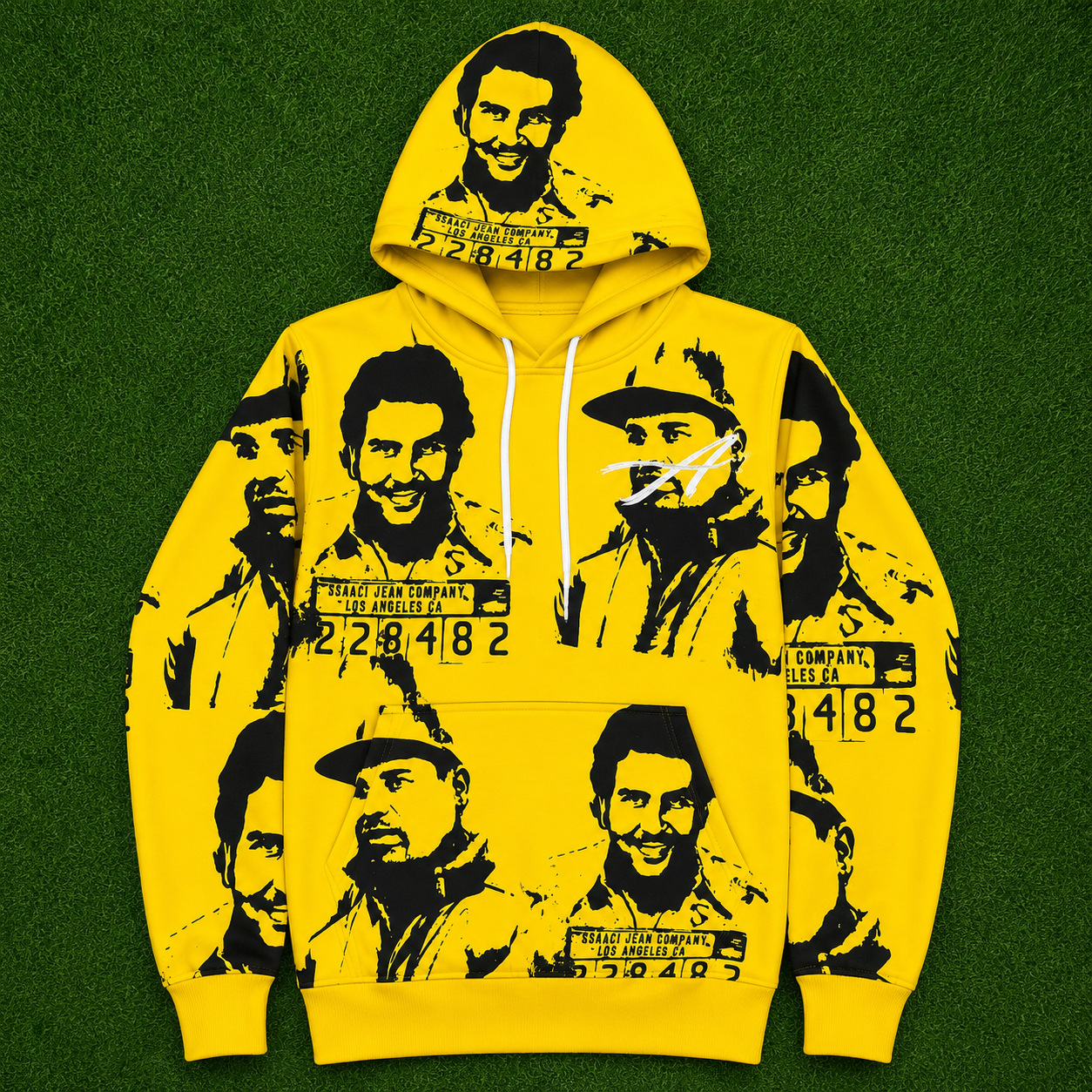 Hollywood Jackets Yellow Hoodie with All-Over Black Graphic Print and Kangaroo Pocket