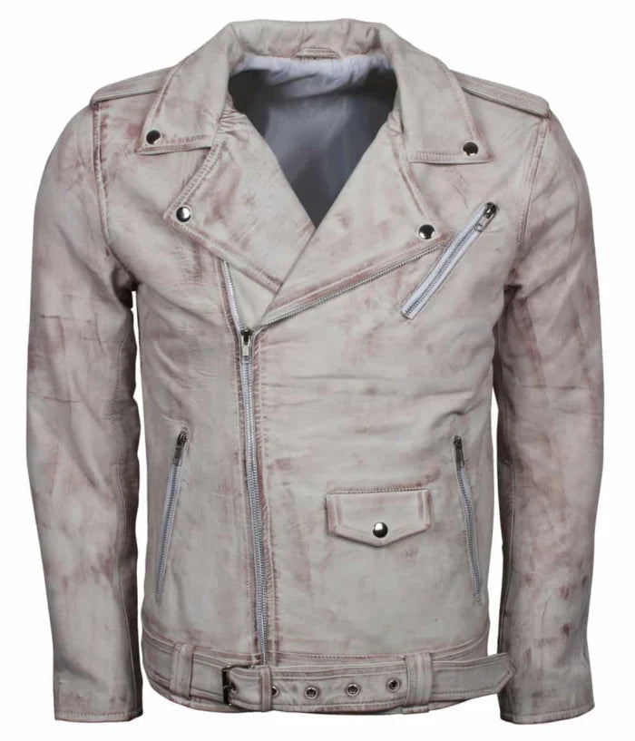 Iconic White Waxed Vintage Biker Leather Jacket