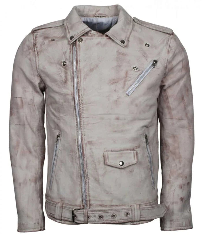 White Waxed Vintage Leather Biker Jacket for Men