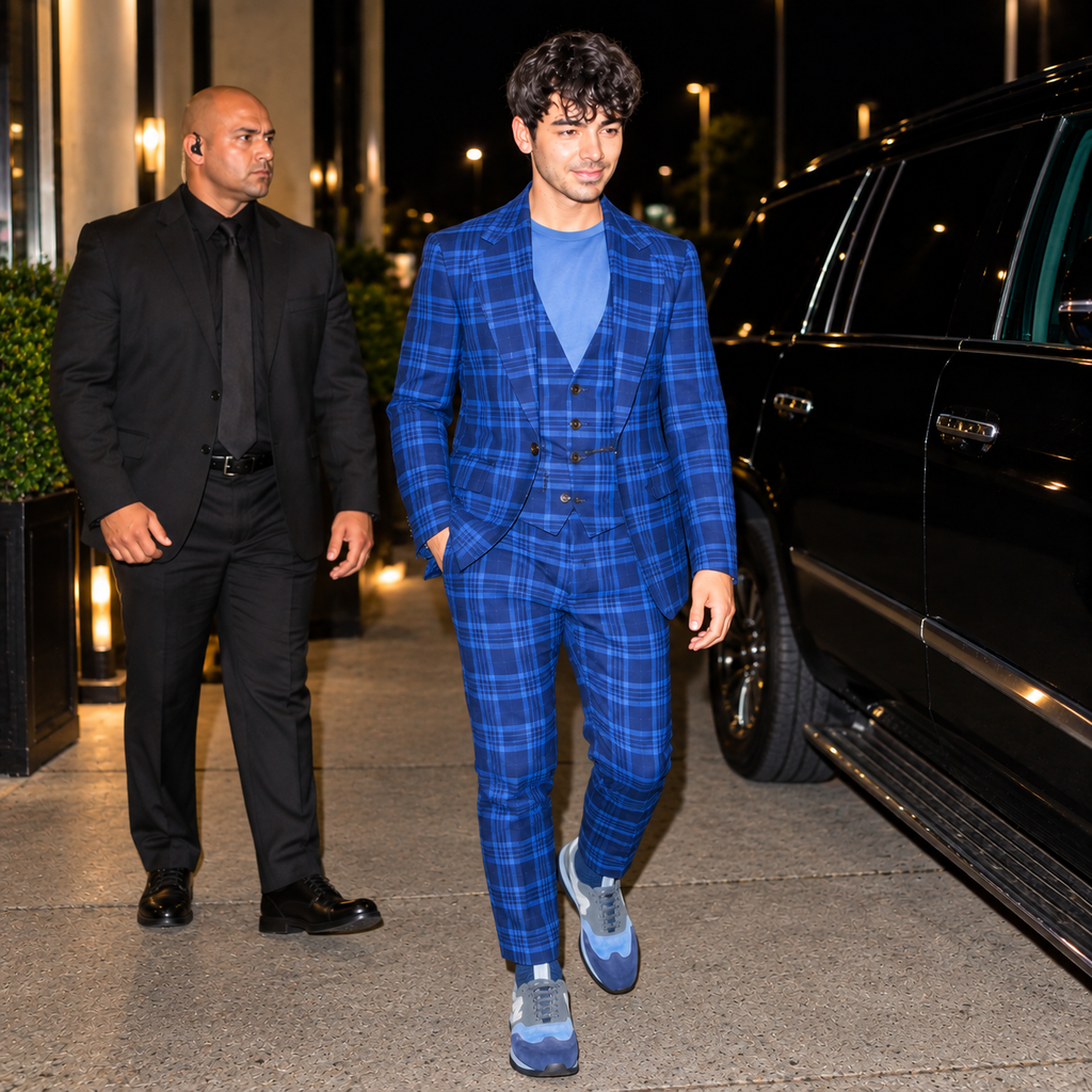 Hollywood Jackets Joe Jonas Inspired Royal Blue Plaid 3 Piece Suit Men’s