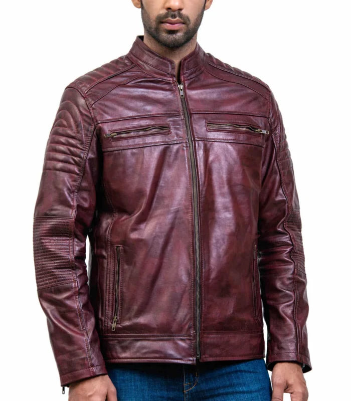 Men’s Vintage Style Maroon Waxed Leather Racer Jacket