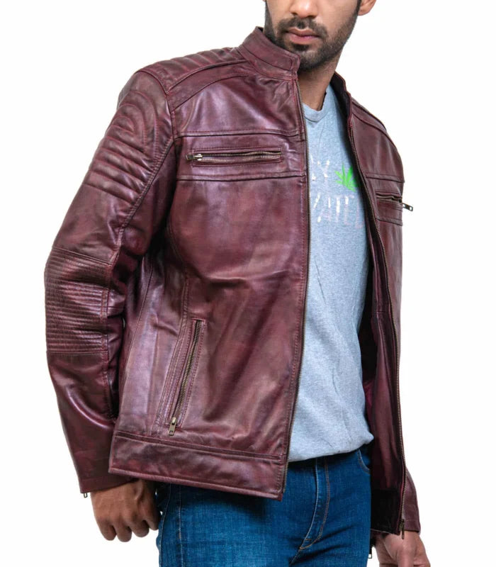 Men’s Vintage Style Maroon Waxed Leather Racer Jacket