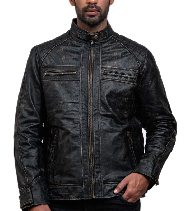 Men Distressed Black Leather Biker Jacket
