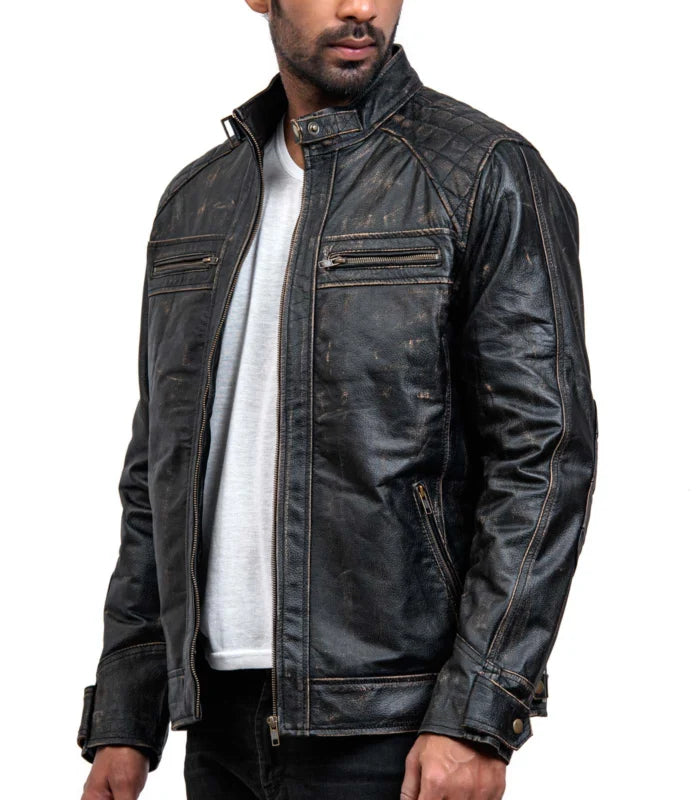 Men Distressed Black Leather Biker Jacket