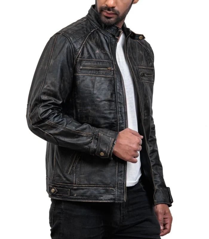 Men Distressed Black Leather Biker Jacket