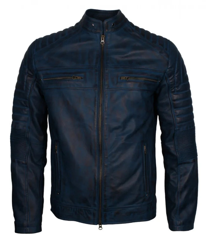 Men’s Blue Vintage Cafe Racer Genuine Leather Jacket