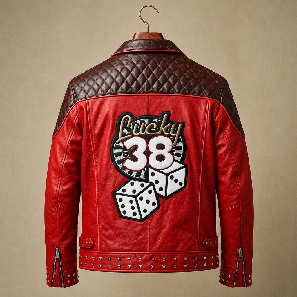 Men’s Red Lucky 38 Leather Biker Jacket | Hollywood Jackets