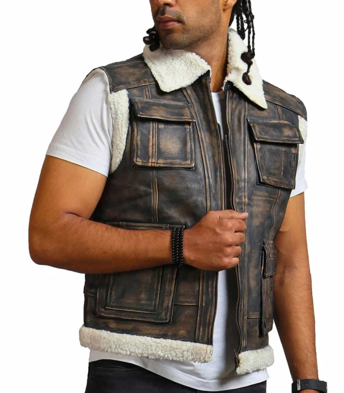 Heritage Brown Waxed Leather Vest with Fur