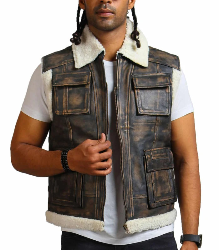 Heritage Brown Waxed Leather Vest with Fur