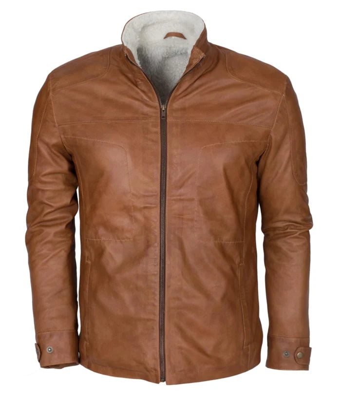 Men’s Brown Waxed Leather Jacket with Fur Lining