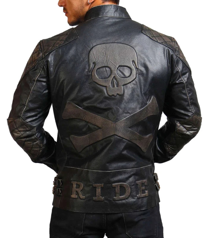 Men’s Black Cowhide Skull Motorcycle Leather Jacket