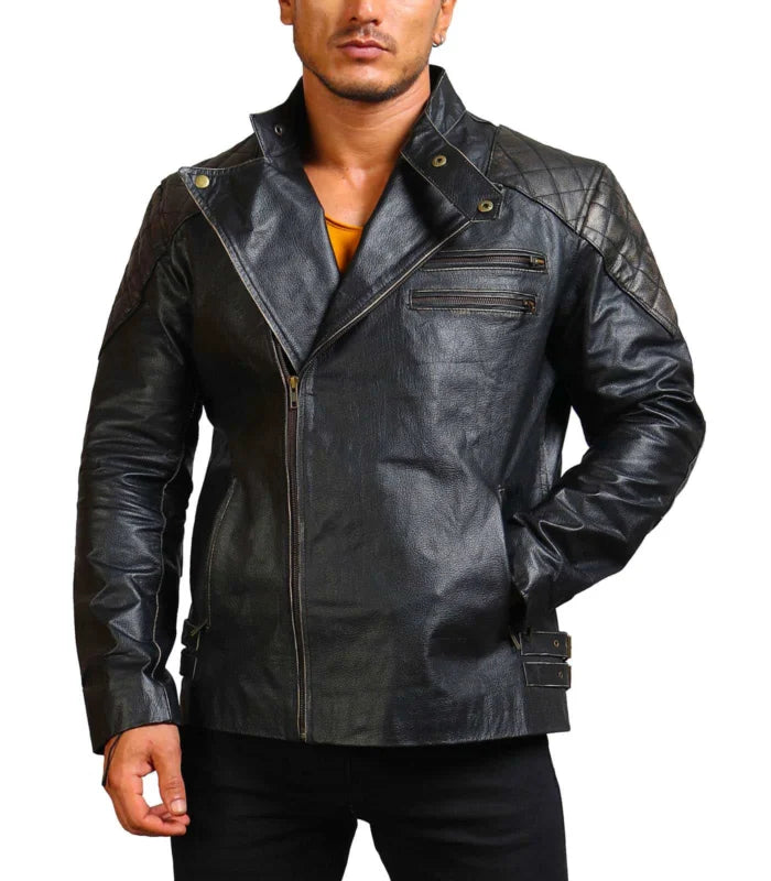Men’s Black Cowhide Skull Motorcycle Leather Jacket