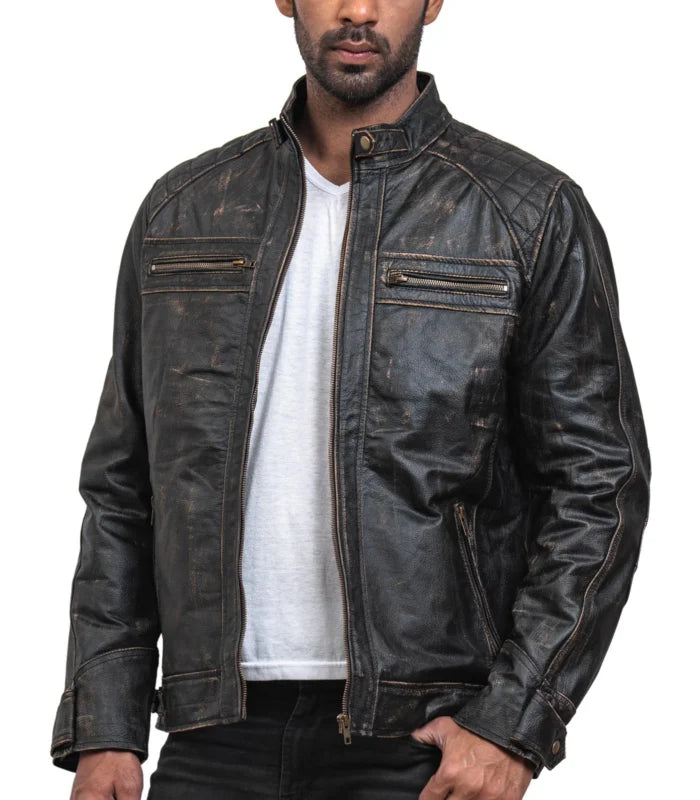 Men Distressed Black Leather Biker Jacket