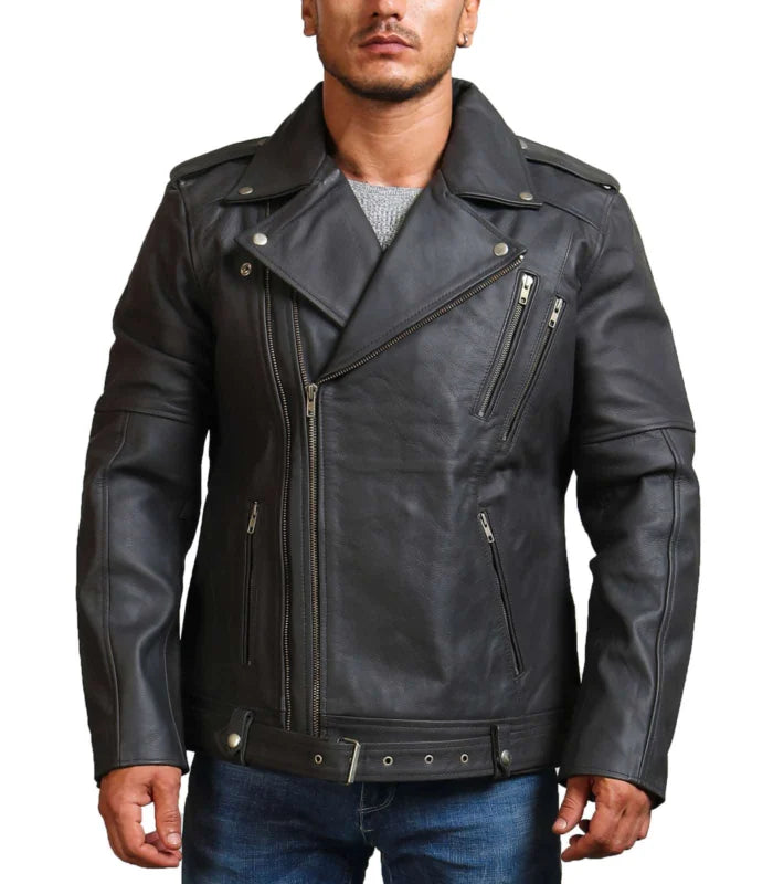 Men’s Grey Brando Style Cowhide Leather Jacket