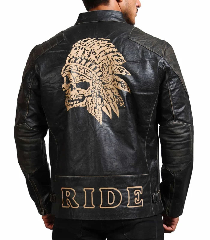 Men’s Black Cowhide Skull Motorcycle Leather Jacke