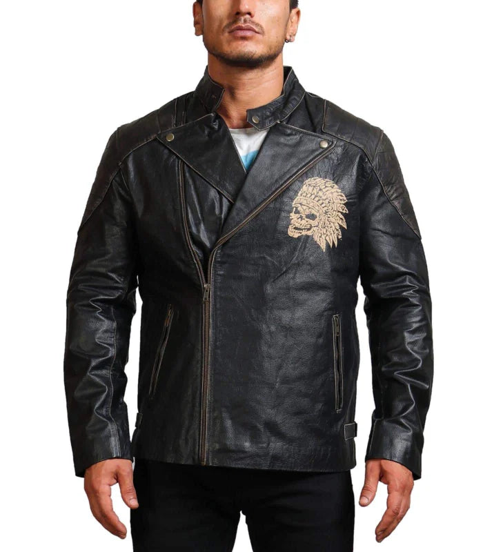 Men’s Black Cowhide Skull Motorcycle Leather Jacke