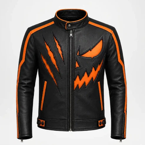Hollywood Jackets Men’s Halloween Jack-O’-Lantern Leather Motorcycle Jacket