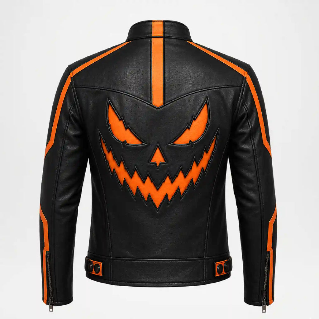 Hollywood Jackets Men’s Halloween Jack-O’-Lantern Leather Motorcycle Jacket