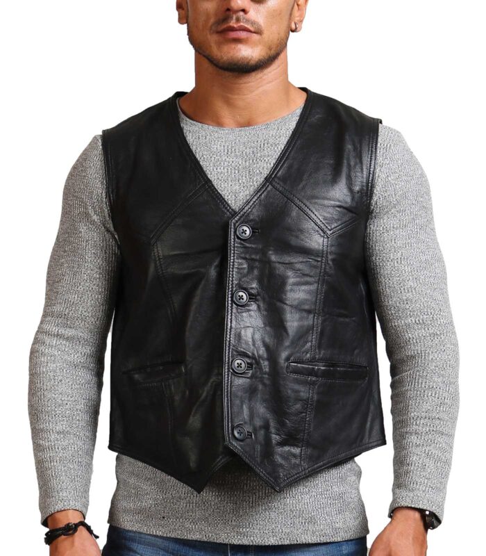 Mens Black Biker Cowhide Leather Vest