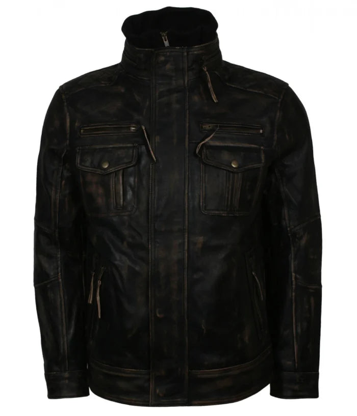 Mens Black Distressed Biker Jacket