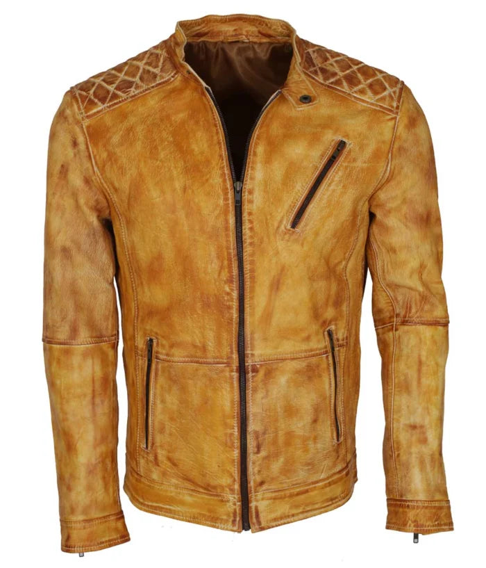 Men’s Camel Color Vintage Waxed Designer Leather Jacket – Genuine Leather