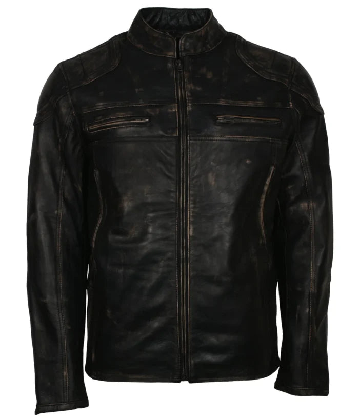 Men’s Rugged Distressed Black Biker Leather Jacket