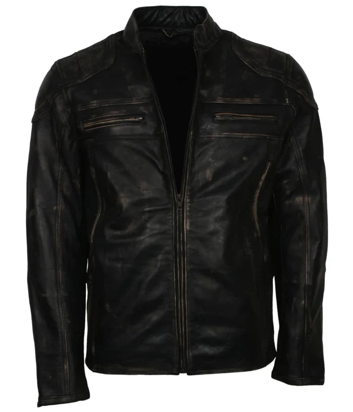 Men’s Rugged Distressed Black Biker Leather Jacket