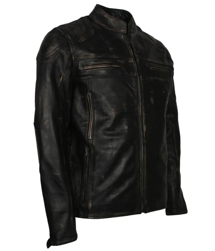 Men’s Rugged Distressed Black Biker Leather Jacket