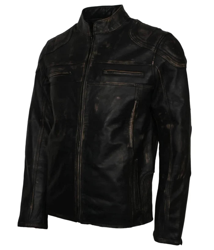Men’s Rugged Distressed Black Biker Leather Jacket