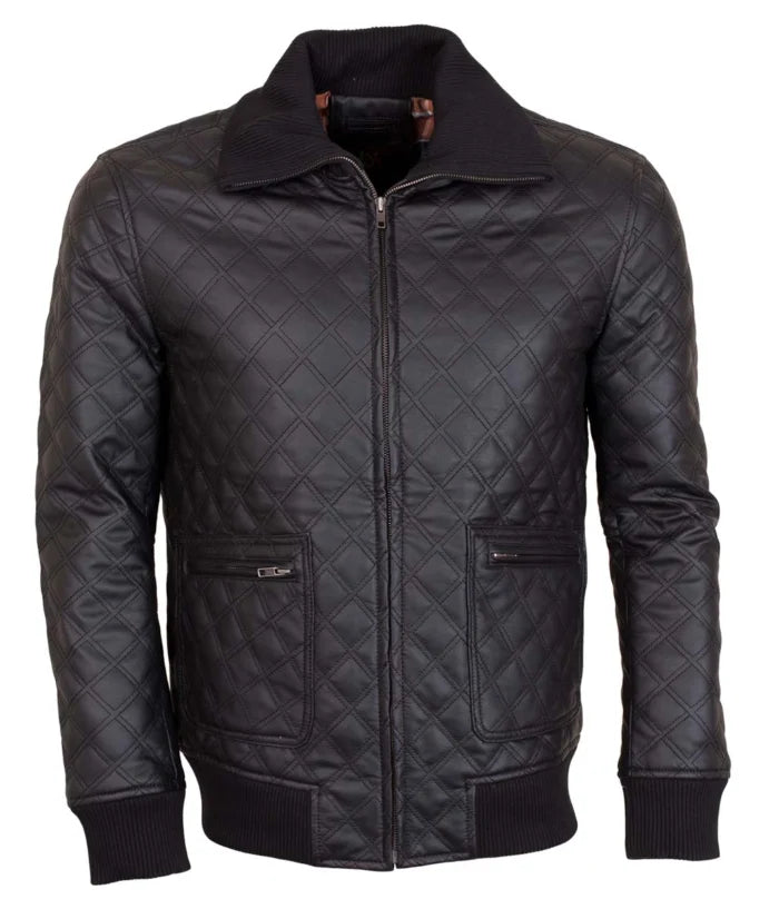 Men’s Faux Brown Square Grid Quilted Casual Leather Jacket