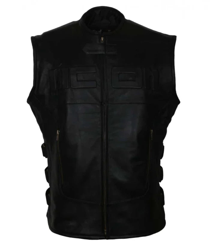 vIcon Black Skull Biker Leather Vest