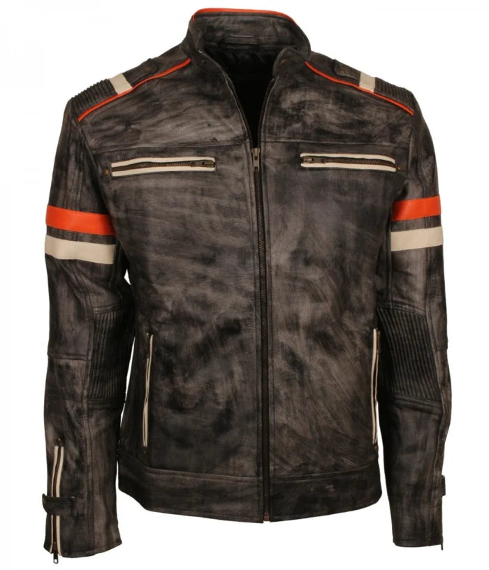 Retro Vintage Grey Distressed Leather Biker Jacket