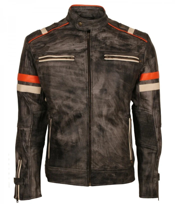 Retro Vintage Grey Distressed Leather Biker Jacket