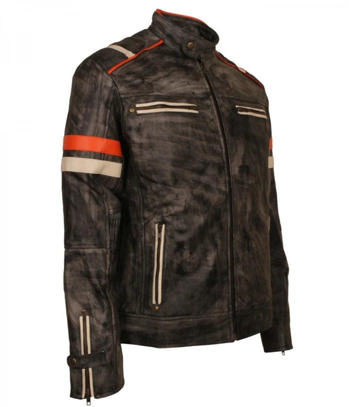 Retro Vintage Grey Distressed Leather Biker Jacket