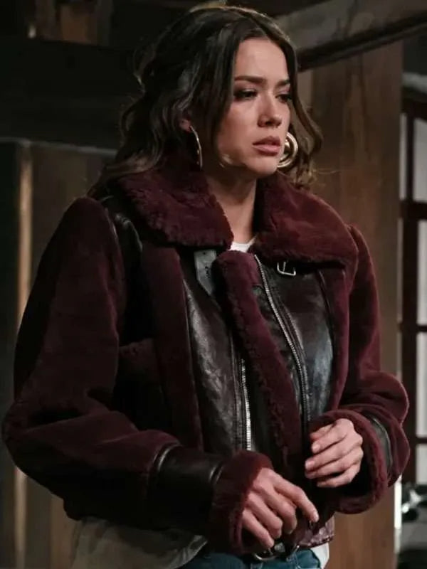 Hollywood Jackets Women’s Morgan Lindholm Marshals Burgundy Shearling Leather Jacket