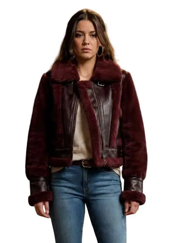 Hollywood Jackets Women’s Morgan Lindholm Marshals Burgundy Shearling Leather Jacket