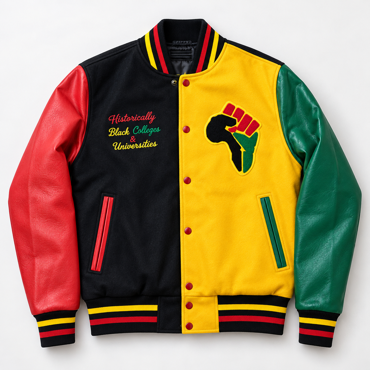 Men’s HBCU Pride Varsity Jacket – Red, Green & Gold | Hollywood Jackets