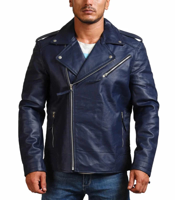 Navy Brando Biker Blue Leather Jacket