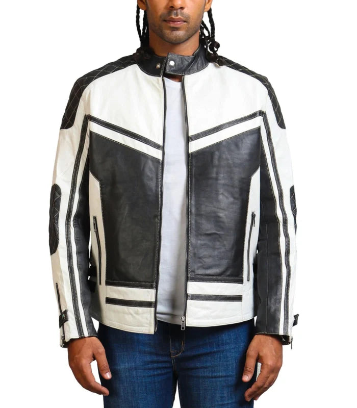 Men White and Black Quilted Leather Jacket