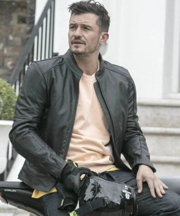 Orlando Bloom Black Biker Leather Jacket