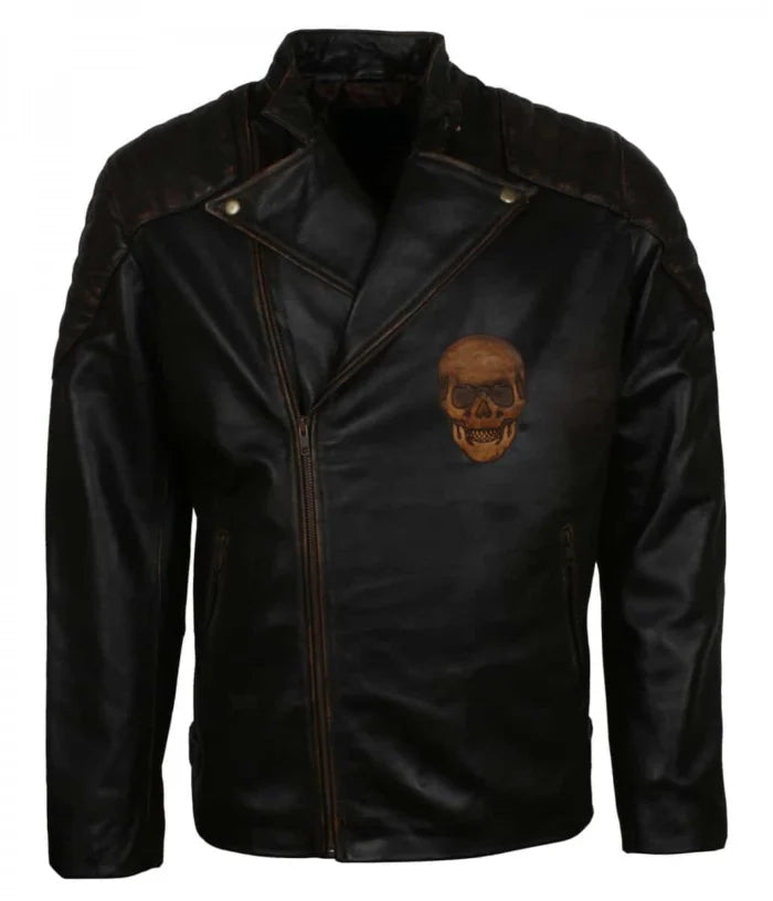 Quilted Men’s Skull Embossed Black Motorcycle Leather Jacket